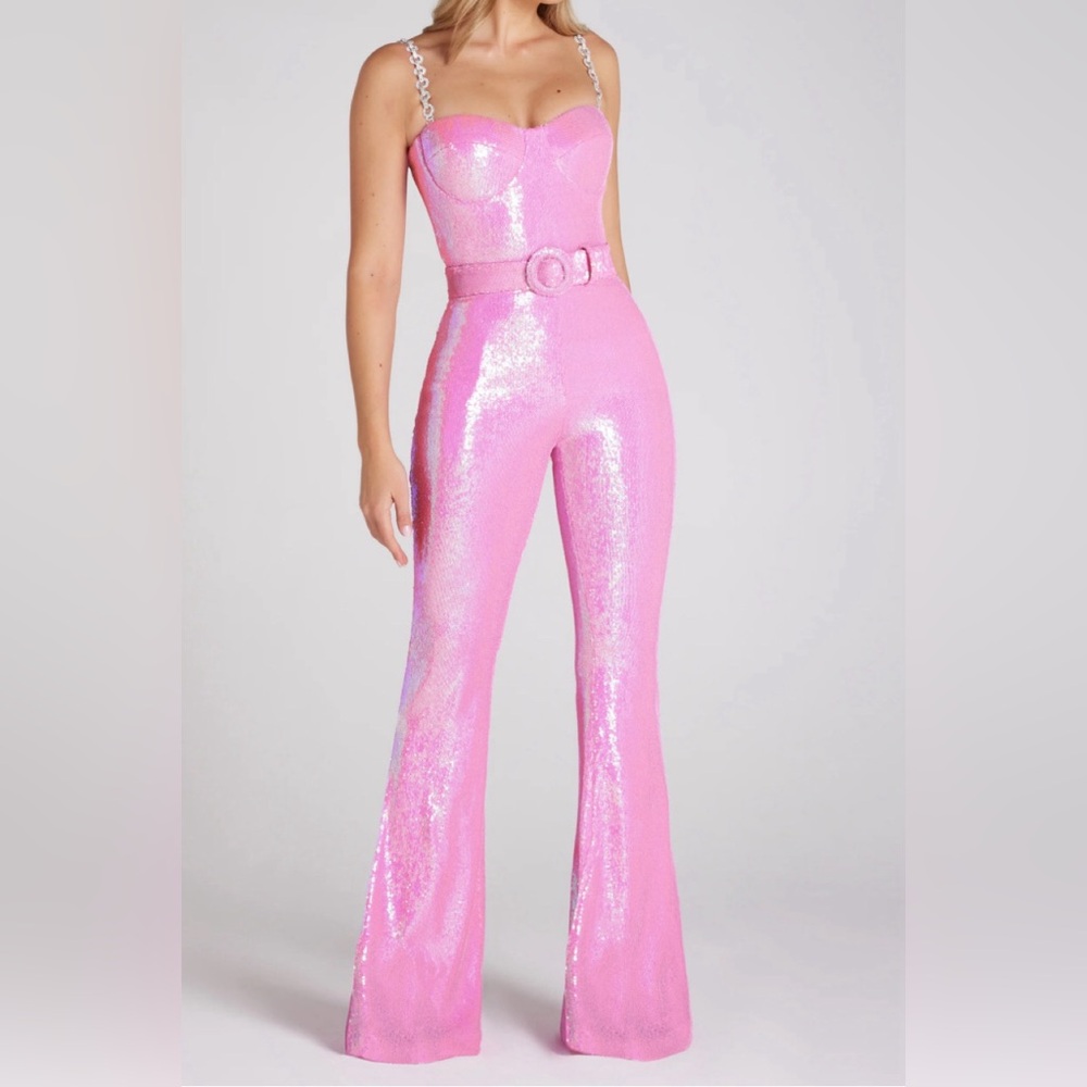 NWT Nadine Merabi Tiffany Sequin Belted Jumpsuit size Small